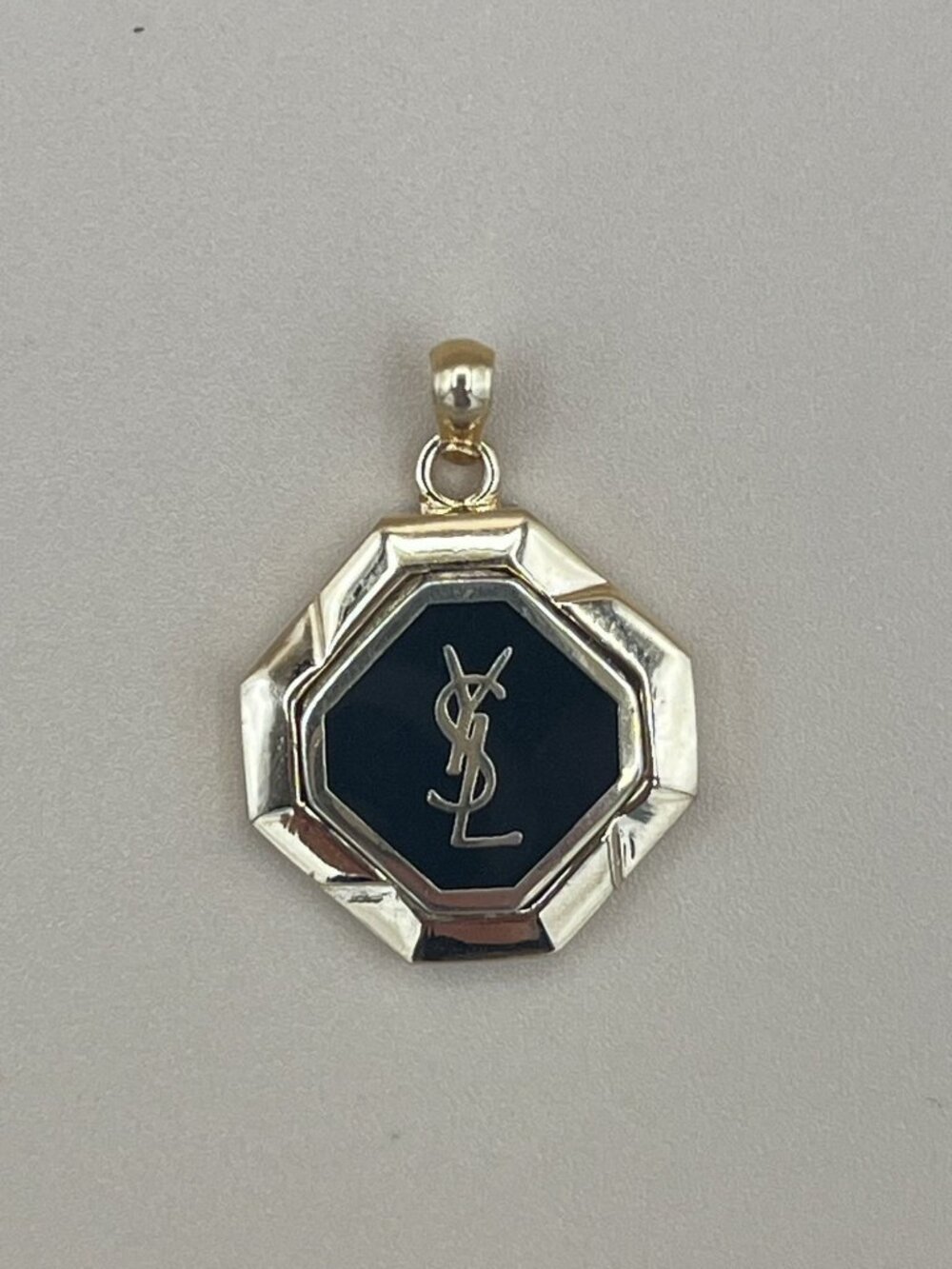 Yves Saint Laurent Vintage Gold Tone Octagonal Pendant Black Enamel YSL Cassandr